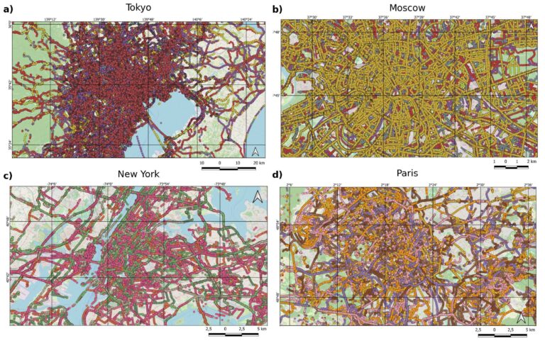 Map visualizations of road sequence data from various global urban areas (Tokyo, Moscow, New York, Paris)