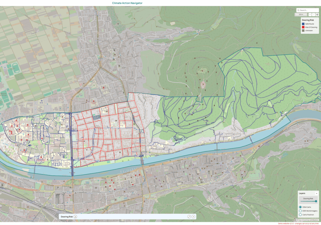 map of Heidelberg-Neuenheim showing te dooring risk of the given paths