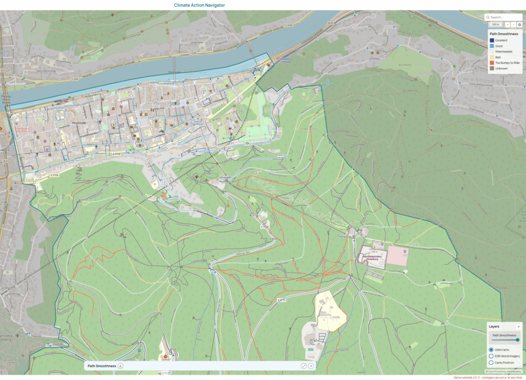 Map of Heidelberg-Altstadt and Königsstuhl mountain. Shows the path smoothness